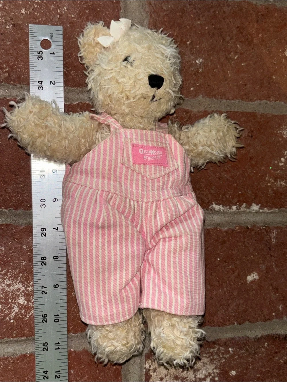 Vintage OshKosh B'gosh 11” Bear Pink & White Striped Overalls